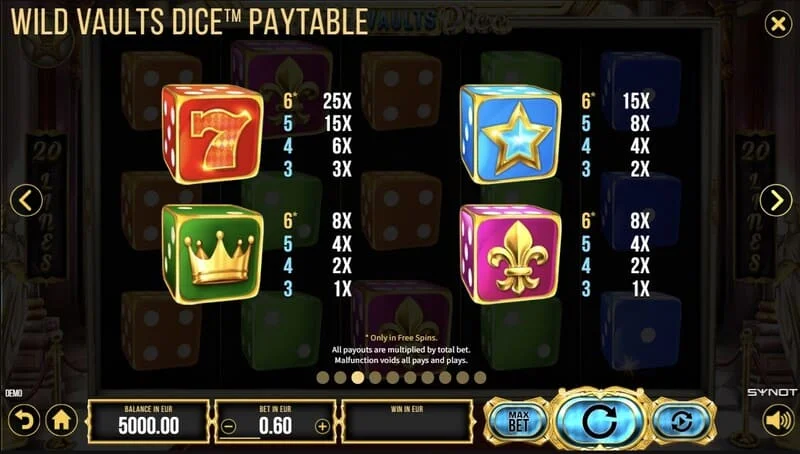 Wild Vaults Dice - avlanma ile bonus turunda 6x3 ızgara